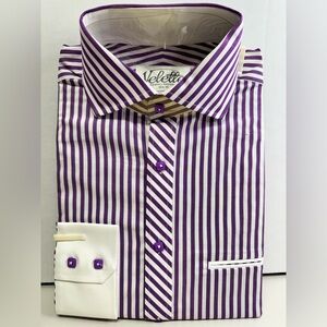 Velette Men Dress Shirt White Purple Strip 15.5-35 Sz M Long Sleeve NEW